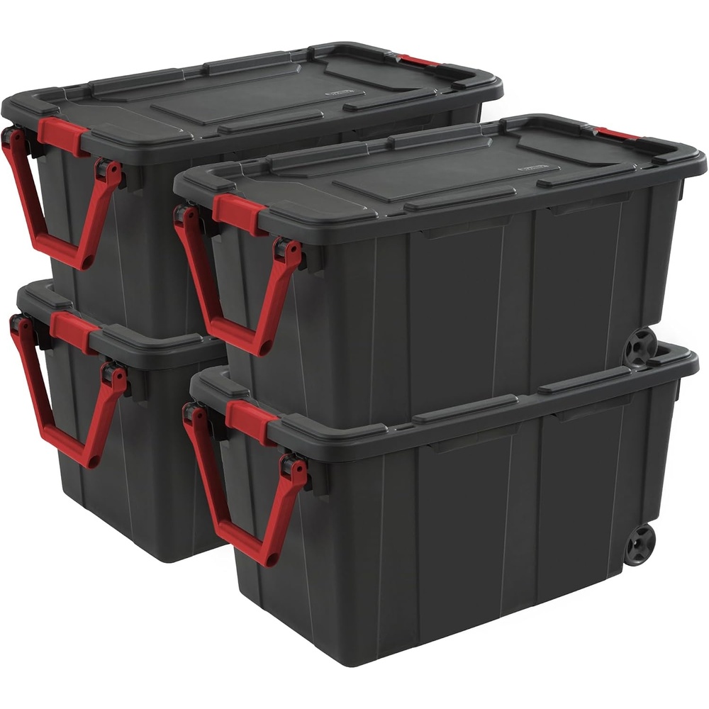 image:imageSterilite 2Pack Industrial Tote HeavyDuty Storage Bins w Lids and Wheels 40 Gallon  Stackable Organizing Containers for Home Garage Office and Basement4