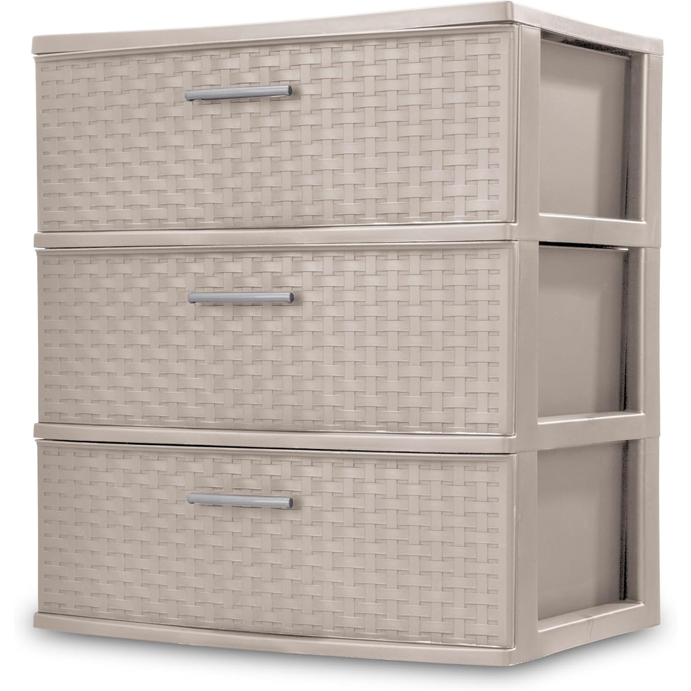 image:imageSterilite 3 Drawer Wide Storage Tower Plastic Weave Organizer Espresso  Lightweight Opaque Container for Bedrooms Closets or BathroomsGray Pumice