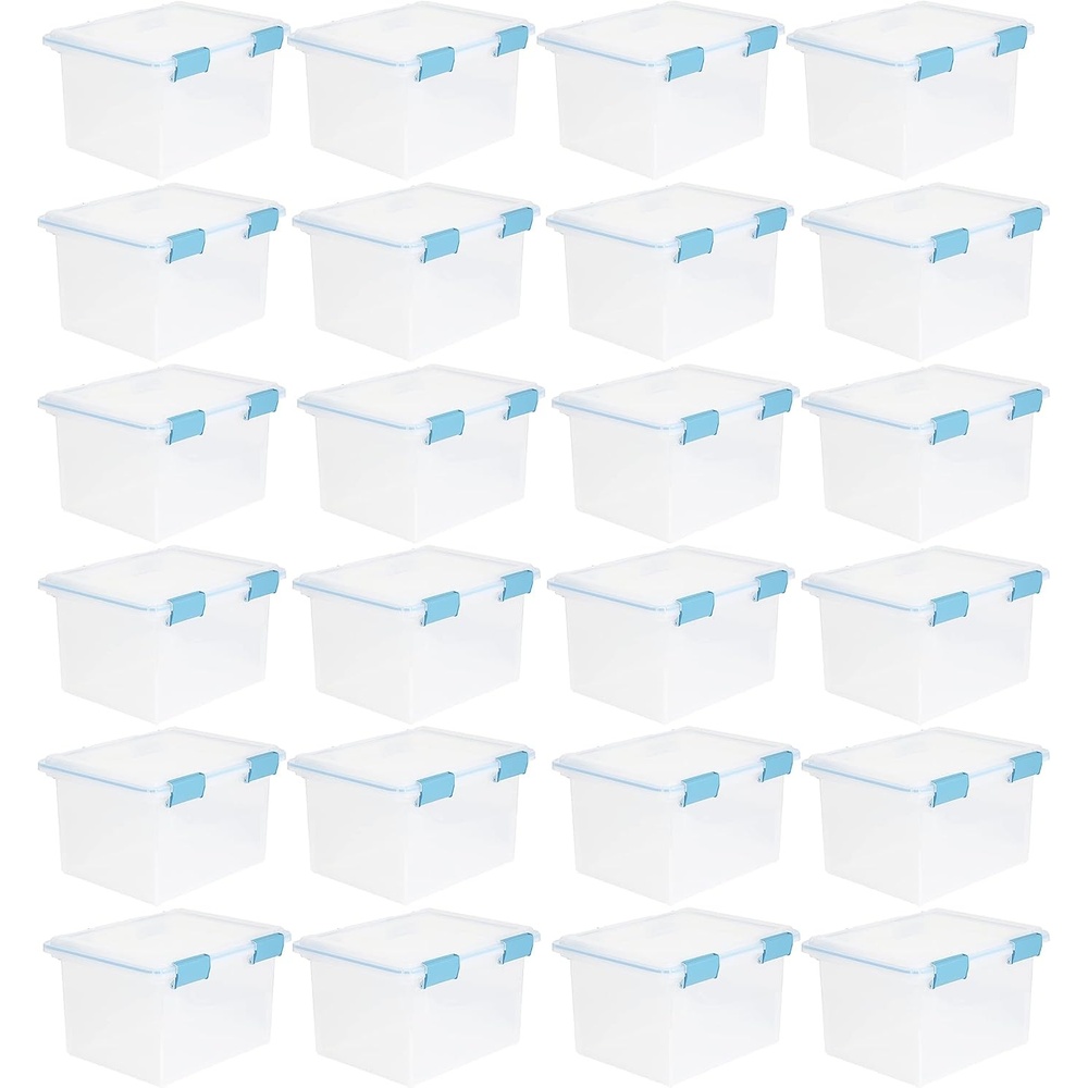 image:imageSterilite 32 Quart Stackable Clear Plastic Storage Tote Container with Blue Gasket Latching Lid for Home and Office Organization Clear 24 Pack