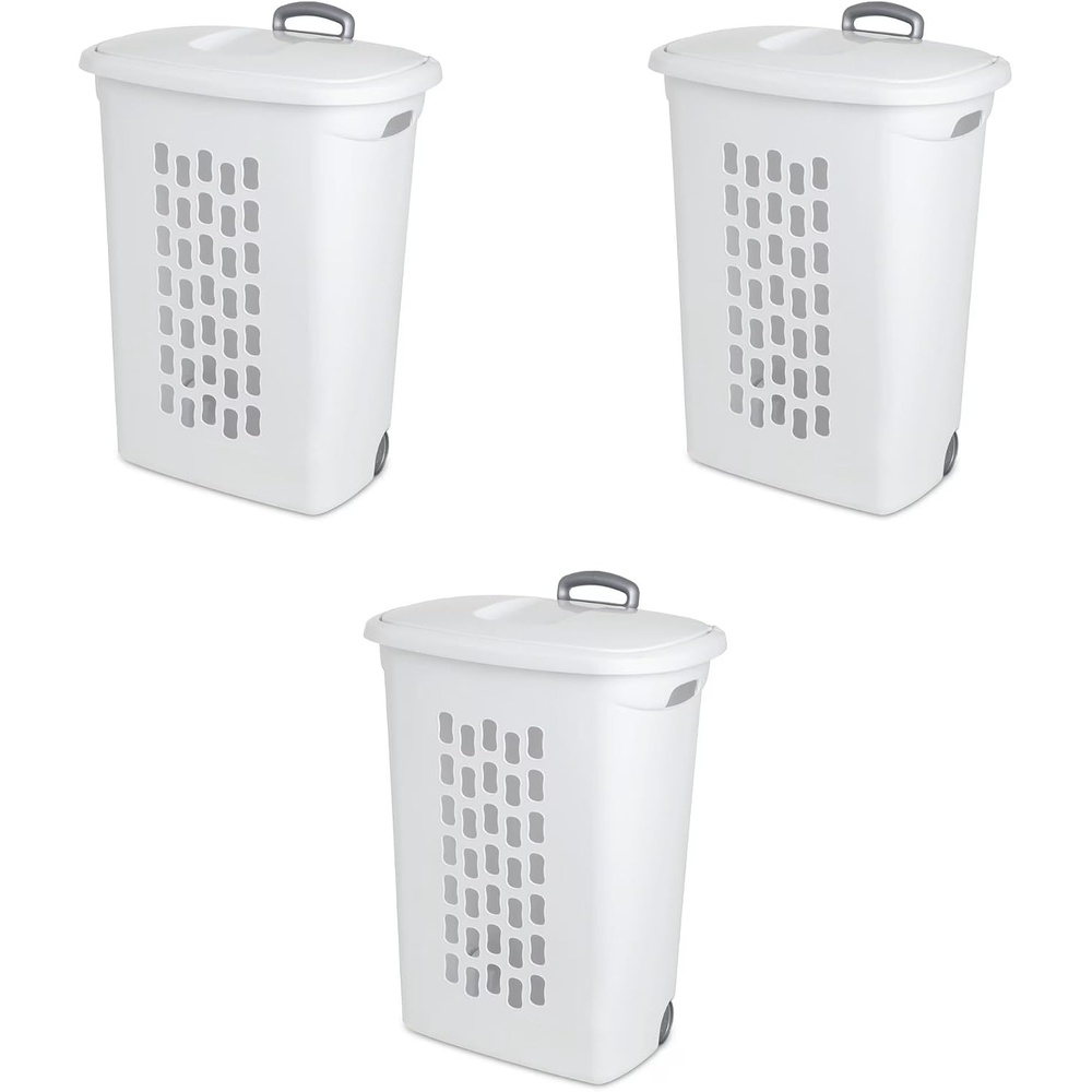 image:imageSterilite 3Pack Ultra Wheeled Hamper Laundry Basket w FlipTop Lid amp Retractable Handle  Plastic Rolling Clothes Storage Cart with Ventilated Holes for Home Apartment or Dorm3 Pack