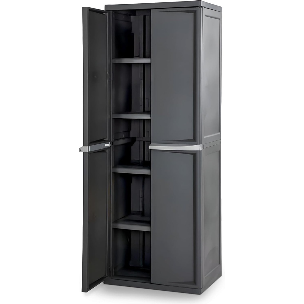image:imageSterilite 4 Shelf Cabinet Lockable Utility Storage w Adjustable Shelves Gray  Plastic Shelving Unit for Organizing Garage Pantry Basement Laundry Room or Mudroom1