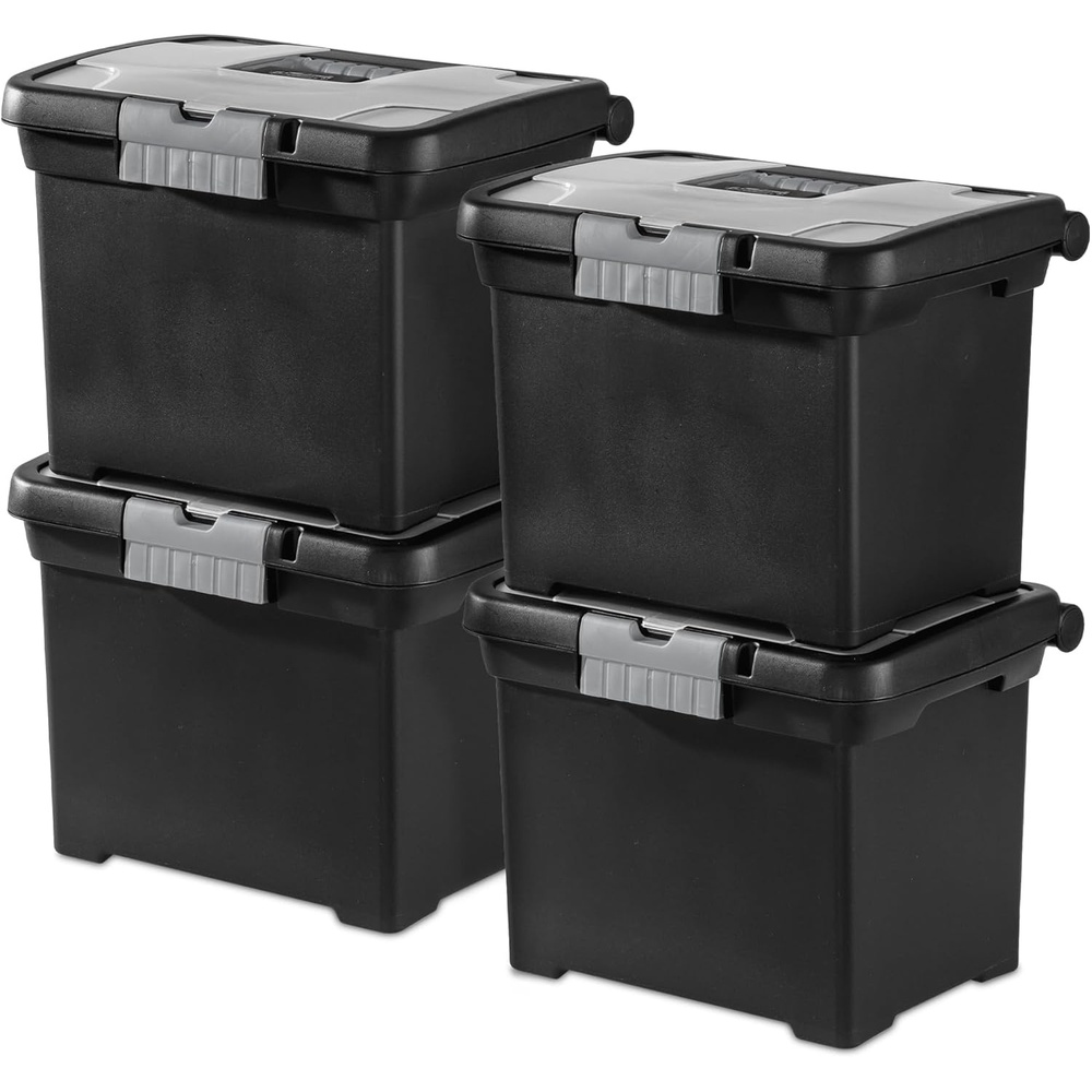 image:imageSterilite 4Pack Portable File Box Stackable Container for Letter Hanging Folders Black  Paper Document Plastic Storage Organizer with Latching Lid for Home Office and Dorm Organization4 Pack