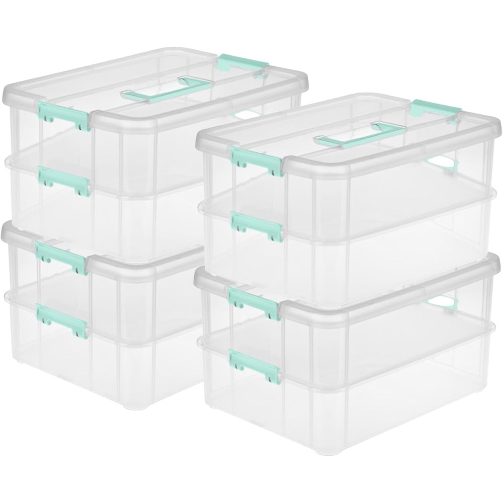 image:imageSterilite 4Pack Stack amp Carry 2 Layer Handle Box for Home amp Office Storage  Clear Base amp Lid with Color Latches Organizer for Art amp Craft Supplies Sewing Tools or 85 x 11 Paper4 Pack
