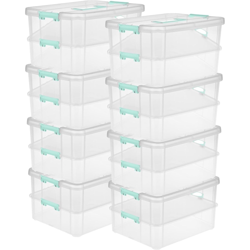 image:imageSterilite 4Pack Stack amp Carry 2 Layer Handle Box for Home amp Office Storage  Clear Base amp Lid with Color Latches Organizer for Art amp Craft Supplies Sewing Tools or 85 x 11 Paper8 Pack