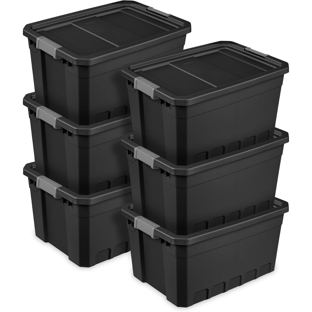 image:imageSterilite 6Pack 19 Gallon Stacker Tote Rugged Plastic Storage for Home Organization Black  Stackable Organizer Bins with Recessed Lid amp HeavyDuty Latches for Closet Basement Garage and Attic19 Gallon