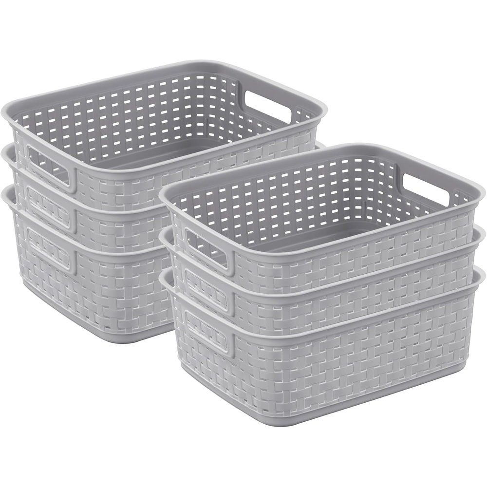 image:imageSterilite Short Plastic Weave Storage Basket Bin Organization for Countertops Tabletops and Shelves for Crafts Jewelry Gray 6Pack6 Pack