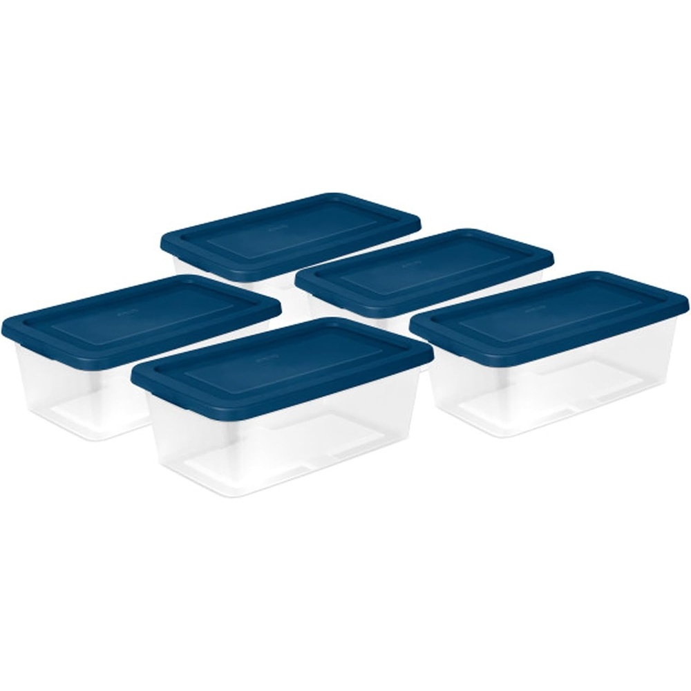 image:imageSterilite Stackable 6 Quart Clear Home Storage Box with Handles and Blue Lid for Efficient Space Saving Household Storage and Organization 30 PackMarine Blue