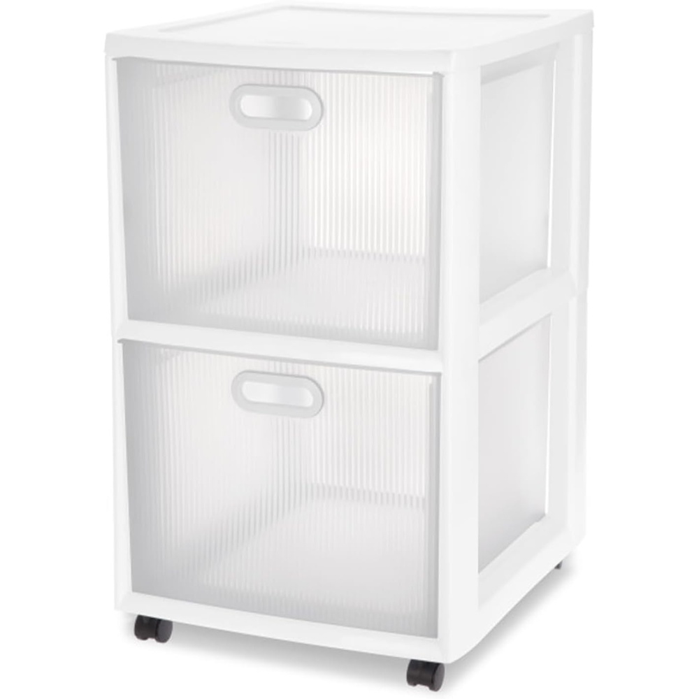 image:imageSterilite Ultra 2 Drawer Filing Storage Cart Plastic Rolling Cart with Wheels to Organize Desk Office White with Textured Clear Drawers 4Pack