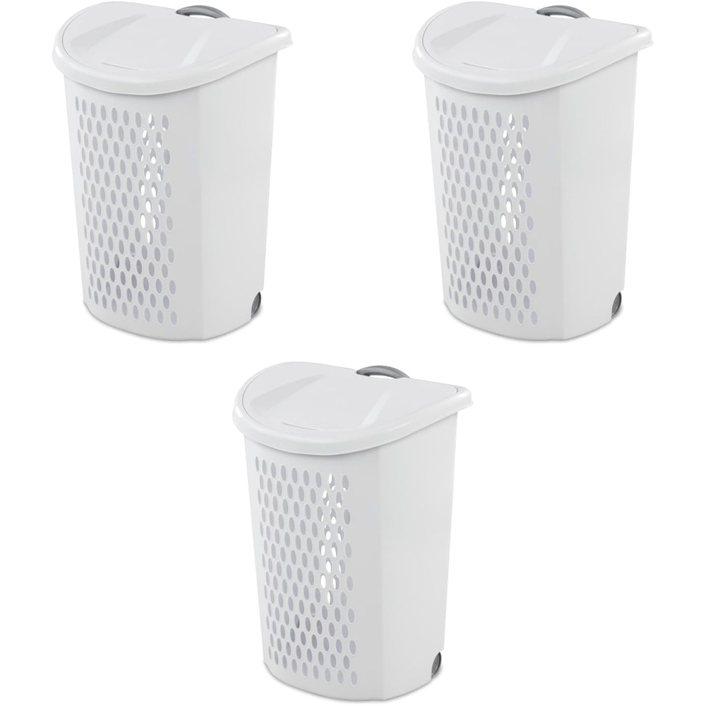 image:imageSterilite Ultra Wheeled Laundry Hamper with Lid 2 Bushel Plastic Large Hamper w Handle and Wheels to Easily Transport Clothes White 3PackWhite