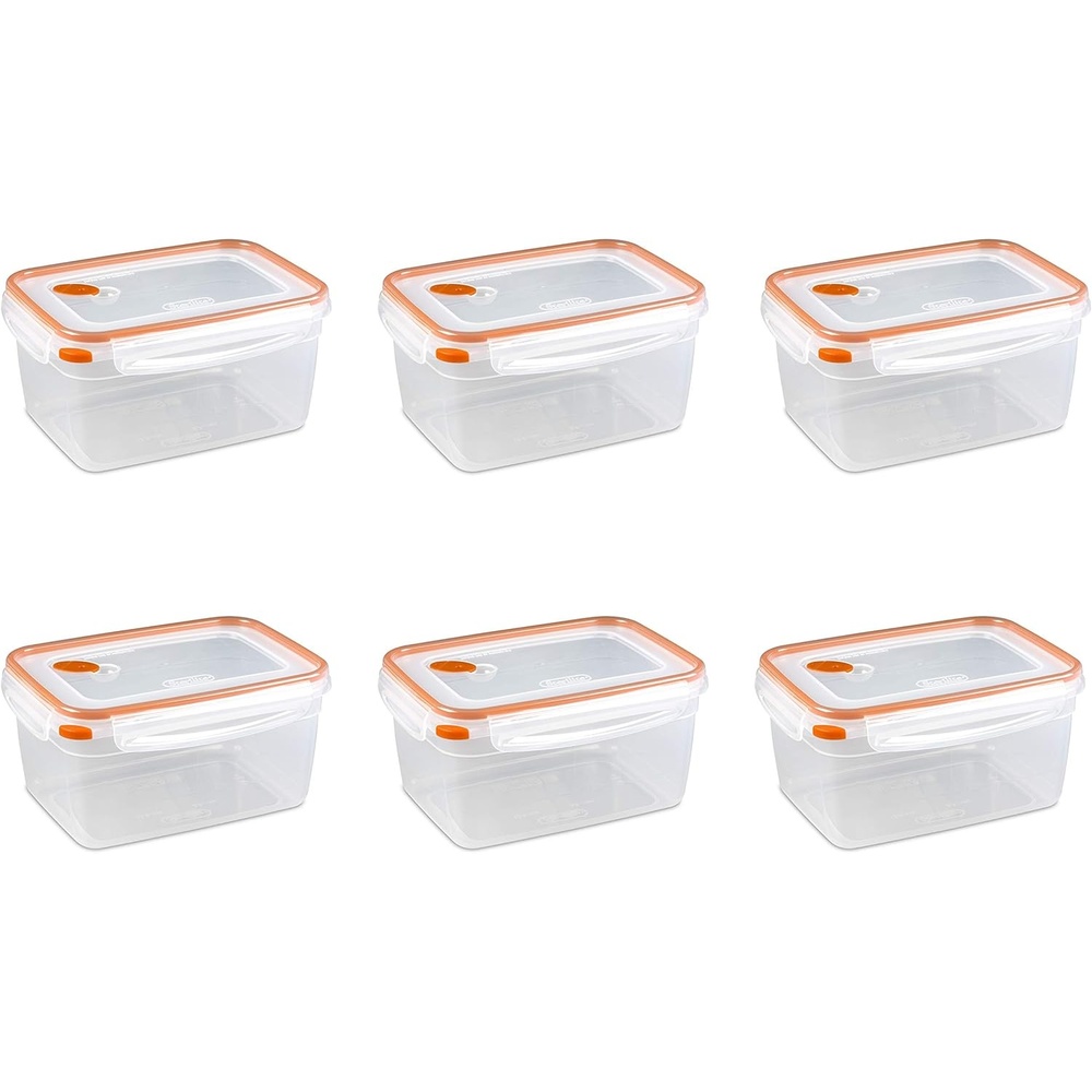 image:imageSterilite UltraSeal 12 Cup Rectangle Airtight Food Storage Container Latching Lid Microwave and Dishwasher Safe Clear With Orange Gasket 6Pack