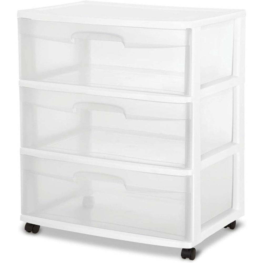 image:imageSterilite Wide Drawer Cart 3Tier Plastic Storage Organizers with Wheels White Frame  Rolling Containers for Home Bathroom Bedroom Office and Classroom Organization3 Pack