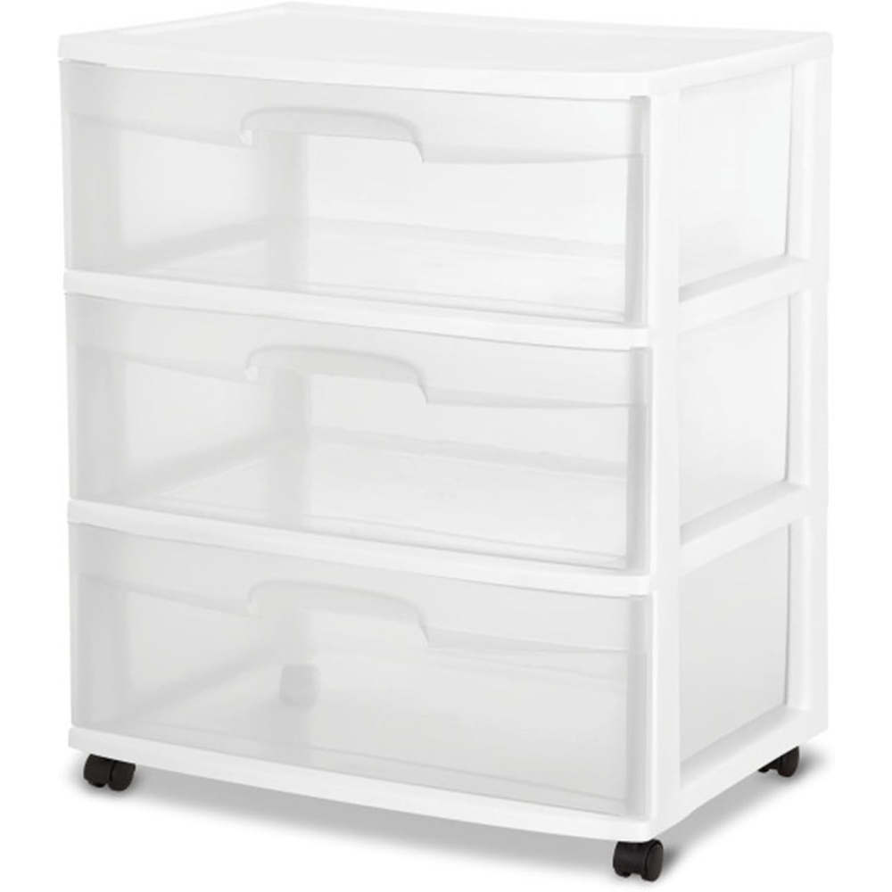 image:imageSterilite Wide Drawer Cart 3Tier Plastic Storage Organizers with Wheels White Frame  Rolling Containers for Home Bathroom Bedroom Office and Classroom Organization1 Pack