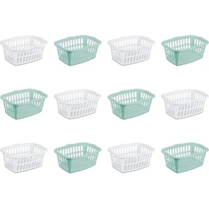 Sterilite 12-Pack Rectangular Laundry Basket, Plastic Clothes Hamper, 1.5 Bushel, White – Dirty Clothing Storage Organizer with Handles for Bedroom, Bathroom, and Closet(White & Aqua)