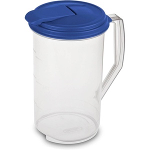 Sterilite 2 Qt Round Pitcher, Spout and Handle for Easy Pouring of Water of Juice, Plastic, Dishwasher Safe, Plastic, Clear with Blue Lid, 6-Pack
