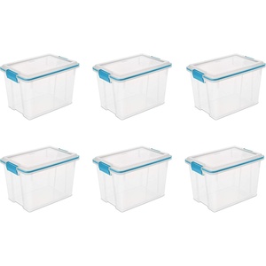 Sterilite 20 Qt Gasket Box, Stackable Storage Bin with Latching Lid and Tight Seal, Plastic Container to Organize Basement, Clear Base and Lid, 6-Pack