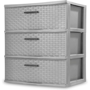Sterilite 3 Drawer Wide Storage Tower, Plastic Weave Organizer, Espresso – Lightweight Opaque Container for Bedrooms, Closets, or Bathrooms(Cement)