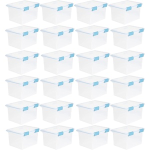 Sterilite 32 Quart Stackable Clear Plastic Storage Tote Container with Blue Gasket Latching Lid for Home and Office Organization, Clear (24 Pack)