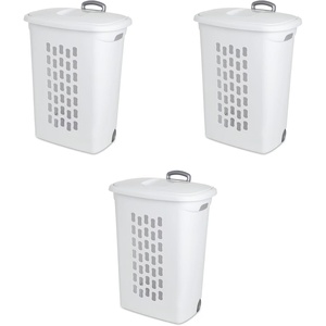 Sterilite 3-Pack Ultra Wheeled Hamper, Laundry Basket w/ Flip-Top Lid & Retractable Handle – Plastic Rolling Clothes Storage Cart with Ventilated Holes for Home, Apartment or Dorm(3 Pack)