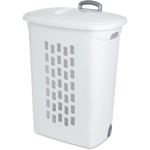 Sterilite 3-Pack Ultra Wheeled Hamper, Laundry Basket w/ Flip-Top Lid & Retractable Handle – Plastic Rolling Clothes Storage Cart with Ventilated Holes for Home, Apartment or Dorm(9 Pack)