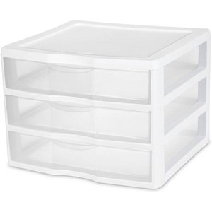 Sterilite 3-Pack Wide 3 Drawer Unit, Plastic Desktop Organizer with Clear Drawers, White Frame – Stackable Multi-Purpose Storage for Office Supplies, Craft Rooms, Classrooms and Home Organization(Wide)