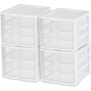 Sterilite 4-Pack 3 Drawer Unit, Stackable Plastic Organizer with Drawers, White Frame – Multi-Purpose Countertop Storage Containers for Office Supplies, Craft Rooms, Classrooms and Home Organization