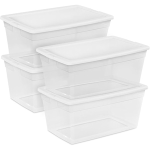 Sterilite 4-Pack 90 Quart Storage Box, Stackable Clear Plastic Bins with Snap-On Lids – Heavy-Duty Organizing Containers for Closet, Bathroom, and Office(90 Quart)