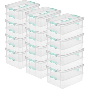 Sterilite 4-Pack Stack & Carry, 2 Layer Handle Box for Home & Office Storage – Clear Base & Lid with Color Latches, Organizer for Art & Craft Supplies, Sewing Tools or 8.5″ x 11″ Paper(12 Pack)