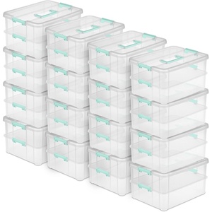 Sterilite 4-Pack Stack & Carry, 2 Layer Handle Box for Home & Office Storage – Clear Base & Lid with Color Latches, Organizer for Art & Craft Supplies, Sewing Tools or 8.5″ x 11″ Paper(16 Pack)