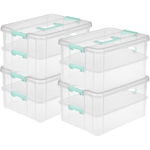 Sterilite 4-Pack Stack & Carry, 2 Layer Handle Box for Home & Office Storage – Clear Base & Lid with Color Latches, Organizer for Art & Craft Supplies, Sewing Tools or 8.5″ x 11″ Paper(4 Pack)