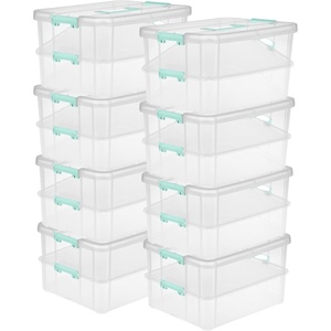 Sterilite 4-Pack Stack & Carry, 2 Layer Handle Box for Home & Office Storage – Clear Base & Lid with Color Latches, Organizer for Art & Craft Supplies, Sewing Tools or 8.5″ x 11″ Paper(8 Pack)