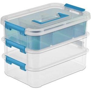 Sterilite 6 Pack Plastic Storage Box Container, 3 Layer, Stack and Carry, Clear/Blue(10 5/8L x 7 1/4W x 7 5/8H”)