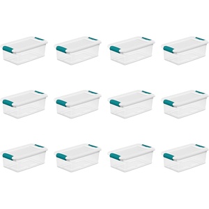 Sterilite 6 Qt Latching Storage Box, Stackable Bin with Latch Lid, Plastic Container to Organize Shoes on Closet Shelf, Clear with White Lid, 12-Pack