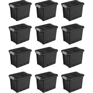 Sterilite 6-Pack 7.5 Gallon Stacker Tote, Rugged Plastic Storage for Home Organization, Black – Stackable Organizer Bins with Recessed Lid & Heavy-Duty Latches for Closet, Basement, Garage and Attic(12)