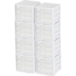 Sterilite ClearView Compact Stacking 3 Drawer Storage Organizer System for Crafting Supplies, Home Office, or Dorm Room, (12 Pack)(8 Pack)