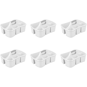 Sterilite Divided Ultra Caddy, Plastic, Portable Storage to Hold Bathroom and Cleaning Supplies, 5 Large Compartments and Handle, White, 6-Pack