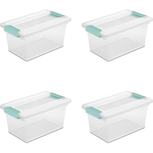 Sterilite Medium Clip Box, Stackable Small Storage Bin with Latching Lid, Plastic Container to Organize Office, Crafts, Clear Base and Lid, 4-Pack(Medium)
