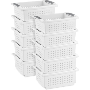 Sterilite Medium Stacking Basket, Plastic Storage Bin to Organize Countertops, Shelves, Closets, Classroom, Bathroom, and Dorm, White with Gray Handles, 4-pack