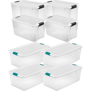 Sterilite Storage System Solution with 106 Quart Clear Latching Storage Tote, 4 Pack and 66 Quart Plastic Stackable Storage Tote, 4 Pack