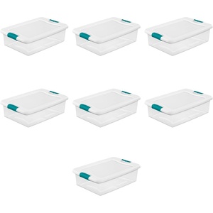 Sterilite Storage System Solution with 32 Quart Clear Stackable Storage Box Organization Containers with White Latching Lid, 7 Pack
