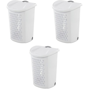 Sterilite Ultra Wheeled Laundry Hamper with Lid, 2 Bushel, Plastic Large Hamper w/ Handle and Wheels to Easily Transport Clothes, White, 3-Pack(White)