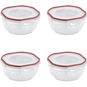 Sterilite Ultra-Seal 4.7 Qt Bowl, Large Airtight Food Storage Container, Latching Lid, Microwave and Dishwasher Safe, Clear With Red Gasket, 4-Pack(2.5 Qt (4-Pack))