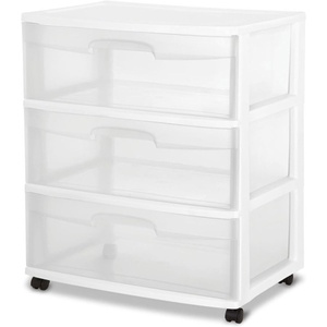 Sterilite Wide Drawer Cart, 3-Tier Plastic Storage Organizers with Wheels, White Frame – Rolling Containers for Home, Bathroom, Bedroom, Office, and Classroom Organization(3 Pack)