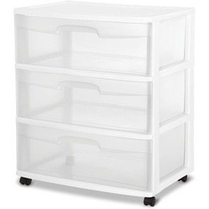 Sterilite Wide Drawer Cart, 3-Tier Plastic Storage Organizers with Wheels, White Frame – Rolling Containers for Home, Bathroom, Bedroom, Office, and Classroom Organization(2 Pack)
