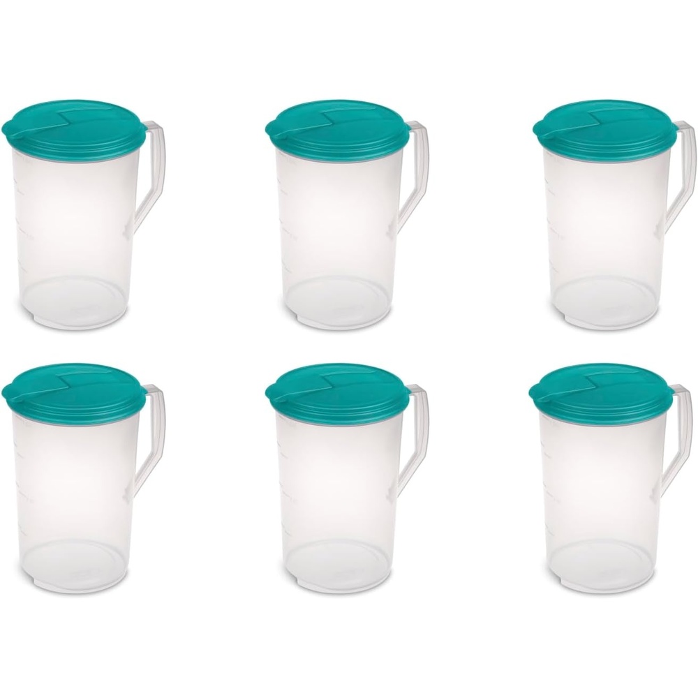 image:imageSterilite 1 Gallon Round Pitcher Spout and Handle for Easy Pouring of Water or Juice Plastic Dishwasher Safe Plastic Clear wTeal Lid 6Pack