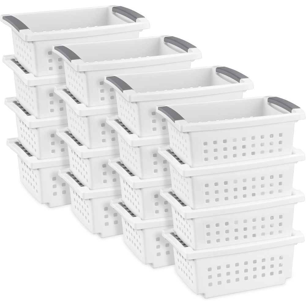 image:imageSterilite 16608008 Small Stacking Basket with Vertical Stacking Functionality and Titanium Accents for Organization in Home or Office White 16 PackSmall
