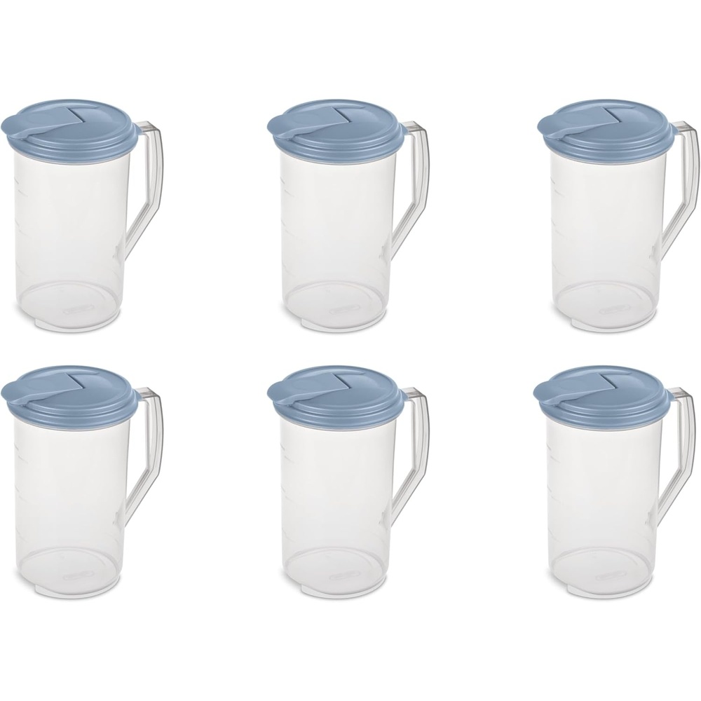 image:imageSterilite 2 Qt Round Pitcher Spout and Handle for Easy Pouring of Water or Juice Plastic Dishwasher Safe Clear wBlue Lid 6Pack