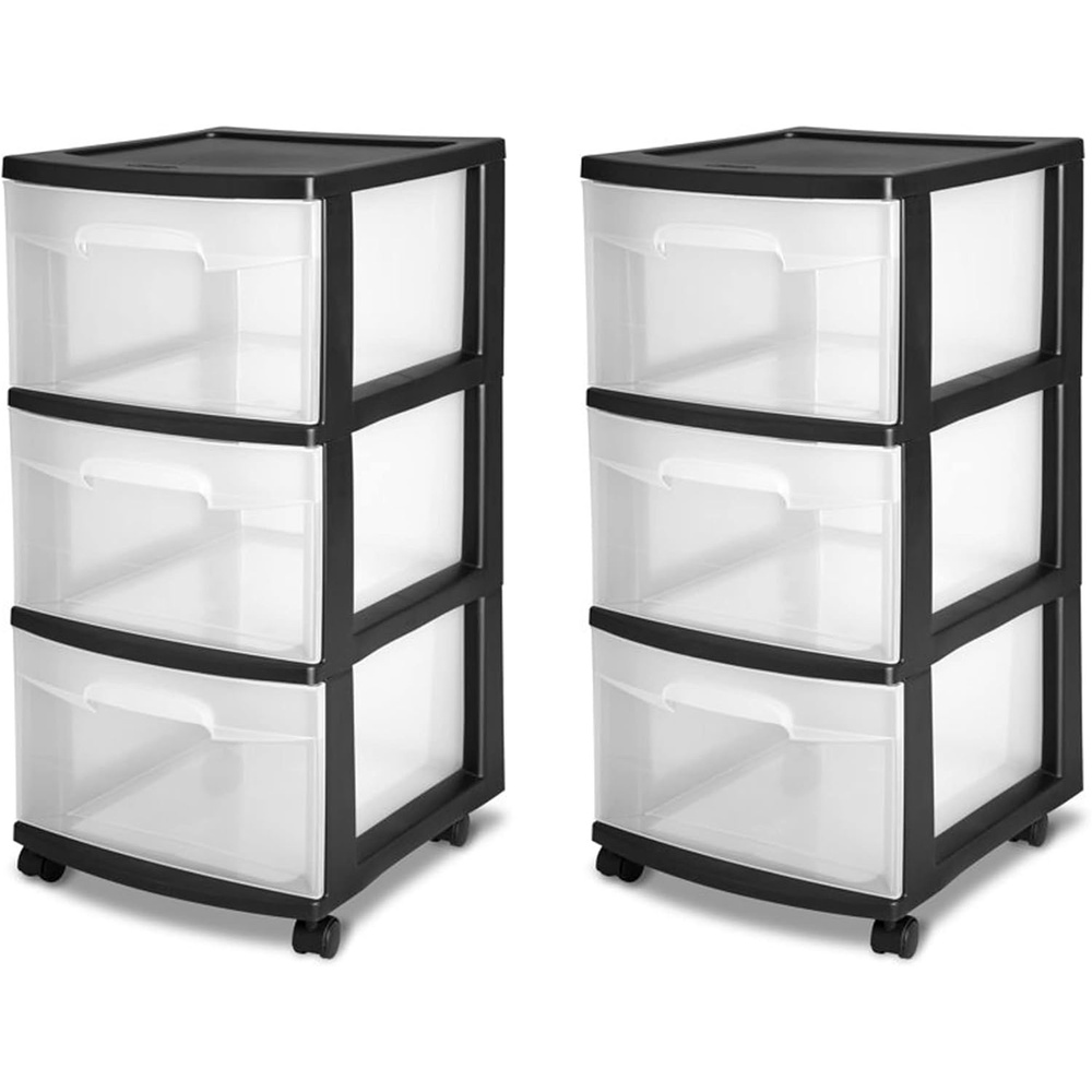 image:imageSterilite 3 Drawer Storage Cart Plastic Rolling Cart with Wheels Organize Clothes in Bedroom Closet Easy Assembly Black with Clear Drawers 2Pack