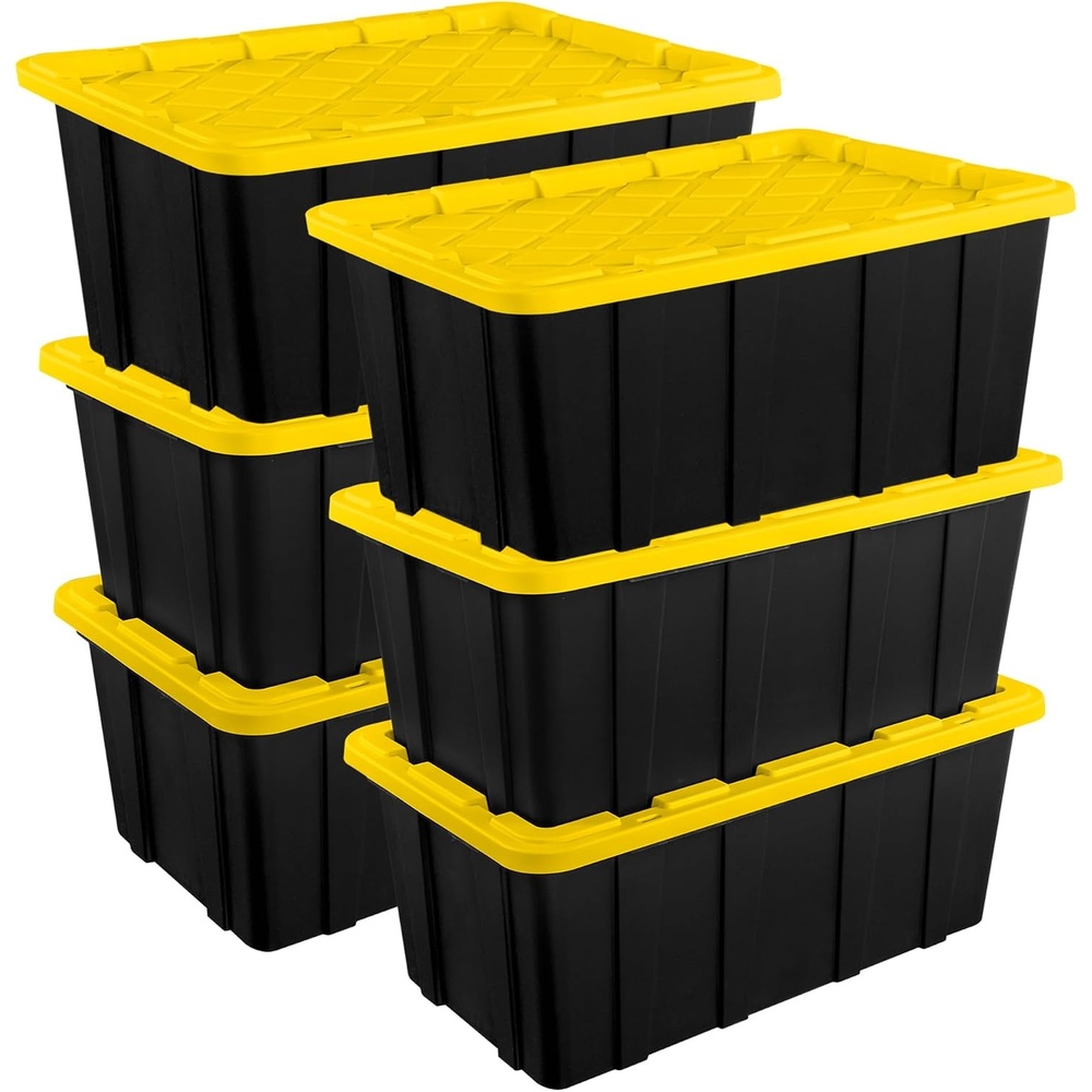 image:imageSterilite 38 Gal Industrial Tote Stackable Storage Bin with SnapFit Lid for Garage Basement amp Attic Storage Black Base and Yellow Lily Lid 4Pack27 Gallon