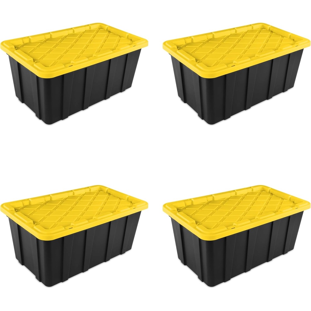 image:imageSterilite 38 Gal Industrial Tote Stackable Storage Bin with SnapFit Lid for Garage Basement amp Attic Storage Black Base and Yellow Lily Lid 4Pack38 Gallon