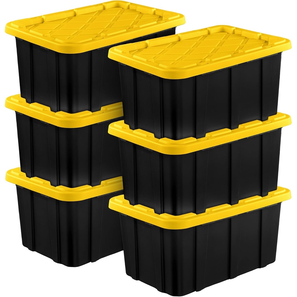 image:imageSterilite 4Pack Industrial Storage Box Plastic Container Bins wLids 27 Gallon Yellow  HeavyDuty Organizing Containers for Closet Bathroom and Office17 Gallon  BlackYellow